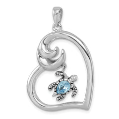 Sterling Silver Rhodium-plated Polished and Antiqued Blue Crystal Turtle Heart with Wave Pendant