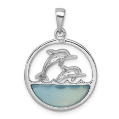 Sterling Silver Rhodium-plated Polished Round Blue Agate Double Dolphin Pendant