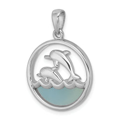 Sterling Silver Rhodium-plated Polished Round Blue Agate Double Dolphin Pendant
