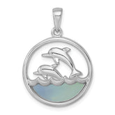 Sterling Silver Rhodium-plated Polished Round Blue Agate Double Dolphin Pendant