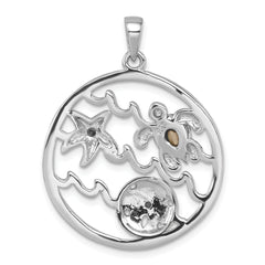 Sterling Silver Rhodium-plated Polished and Antiqued Round Crystal Sealife Pendant