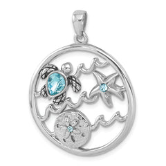 Sterling Silver Rhodium-plated Polished and Antiqued Round Crystal Sealife Pendant