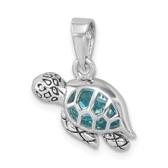 Sterling Silver Rhodium-Plated Polished and Antiqued Crystal Swimming Turtle Pendant
