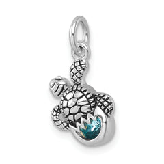 Sterling Silver Rhodium-Plated Antiqued Crystal Hatching Turtle Pendant