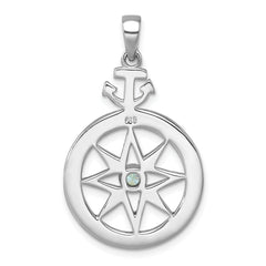 Sterling Silver Rhodium-plated Blue CZ Compass Rose with Small Anchor Pendant