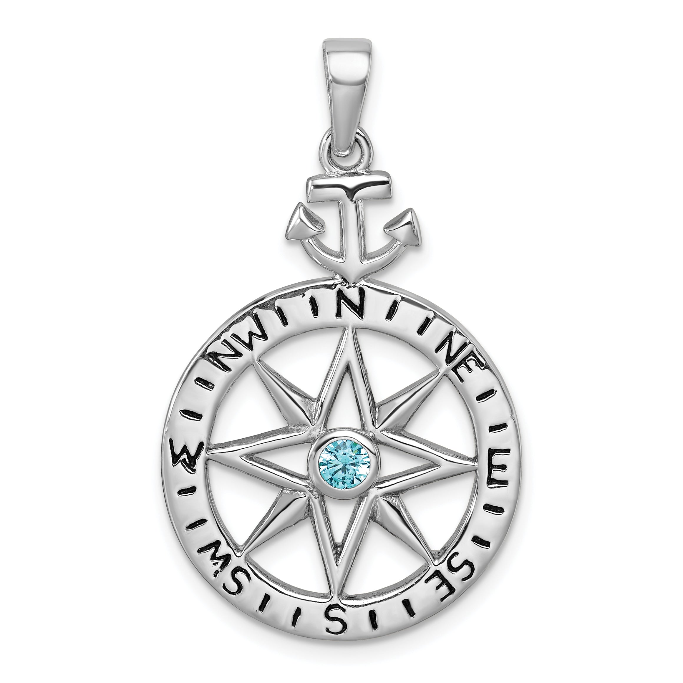 Sterling Silver Rhodium-plated Blue CZ Compass Rose with Small Anchor Pendant