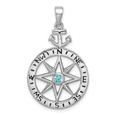 Sterling Silver Rhodium-plated Blue CZ Compass Rose with Small Anchor Pendant