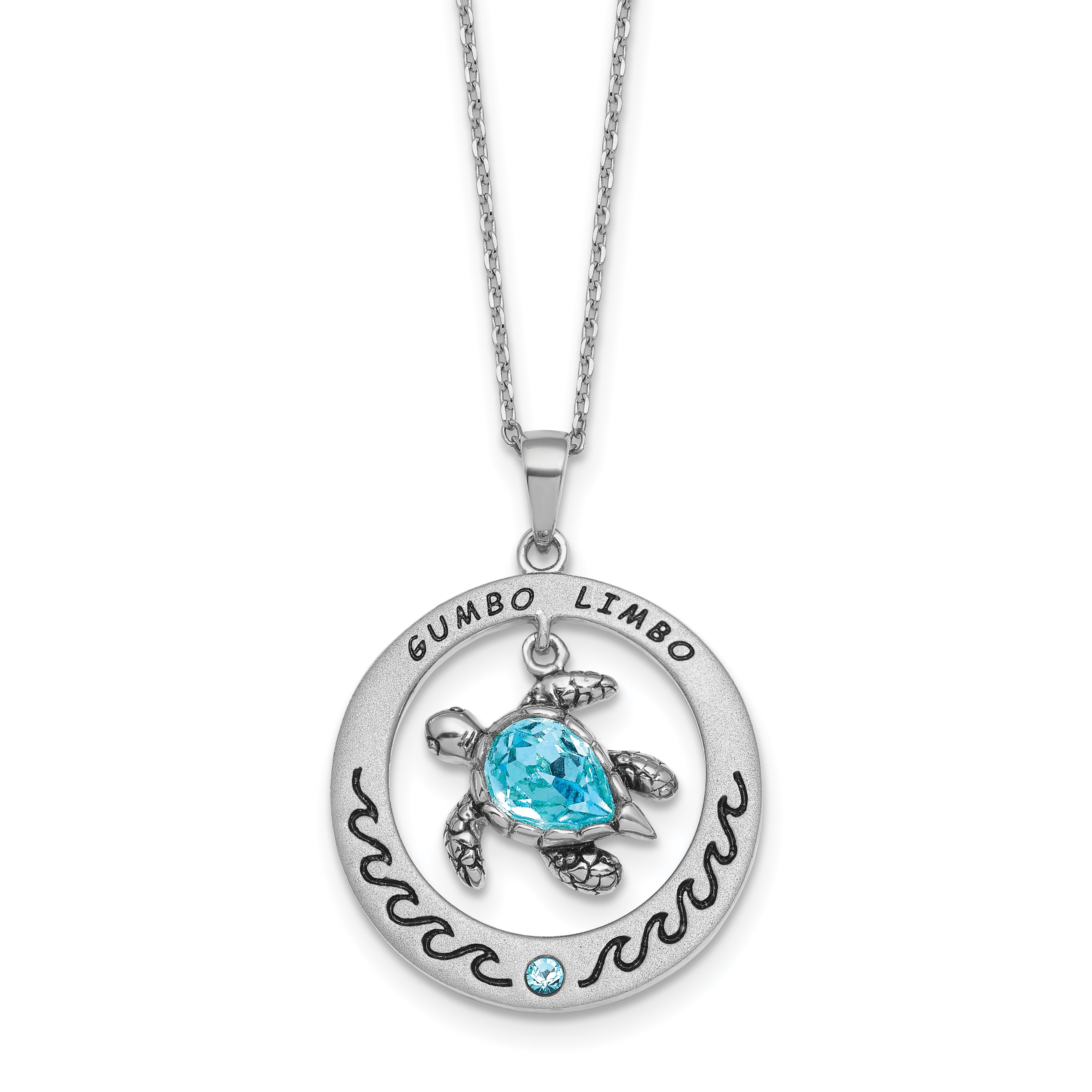 Sterling Silver Rhodium-Rhodium-Plated Blue Crystal Turtle Circle 16 +2in Necklace