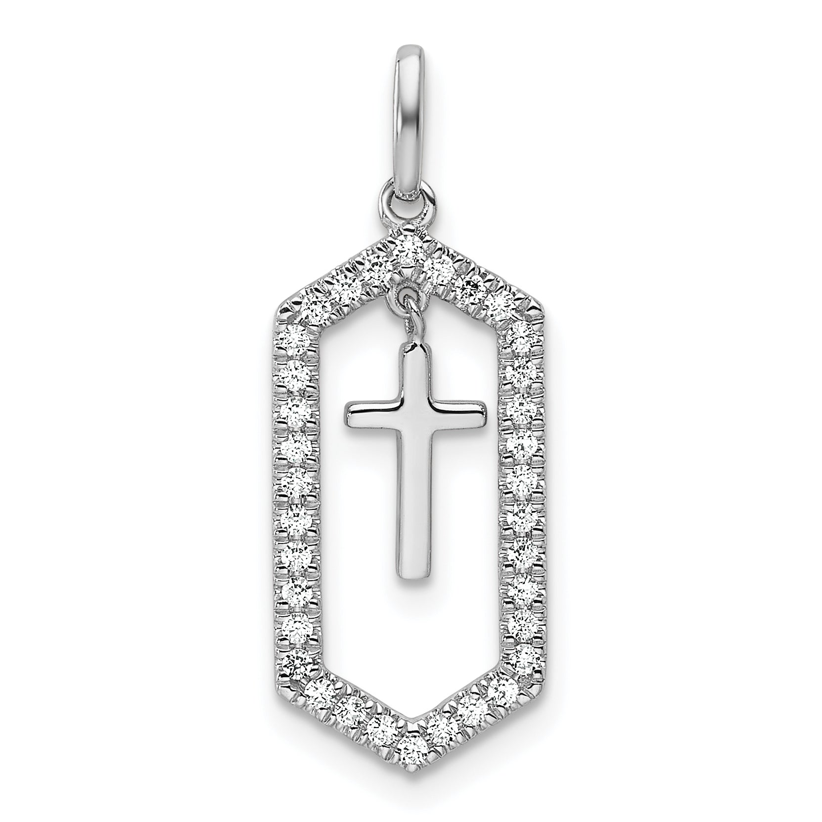 14K White Gold Polished Diamond Framed Dangle Cross Pendant