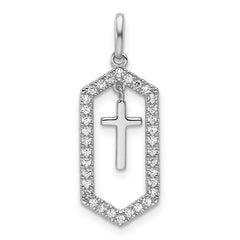 14K White Gold Polished Diamond Framed Dangle Cross Pendant
