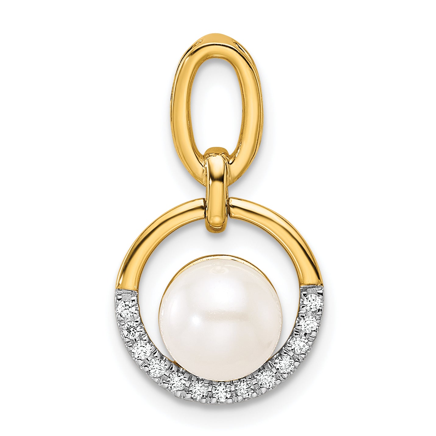 14K Polished 1/15 carat Diamond and White Freshwater Cultured Pearl Open Circle Pendant