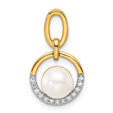 14K Polished 1/15 carat Diamond and White Freshwater Cultured Pearl Open Circle Pendant