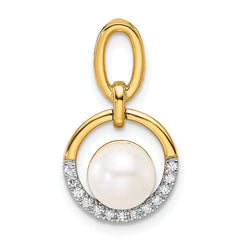 14K Polished 1/15 carat Diamond and White Freshwater Cultured Pearl Open Circle Pendant