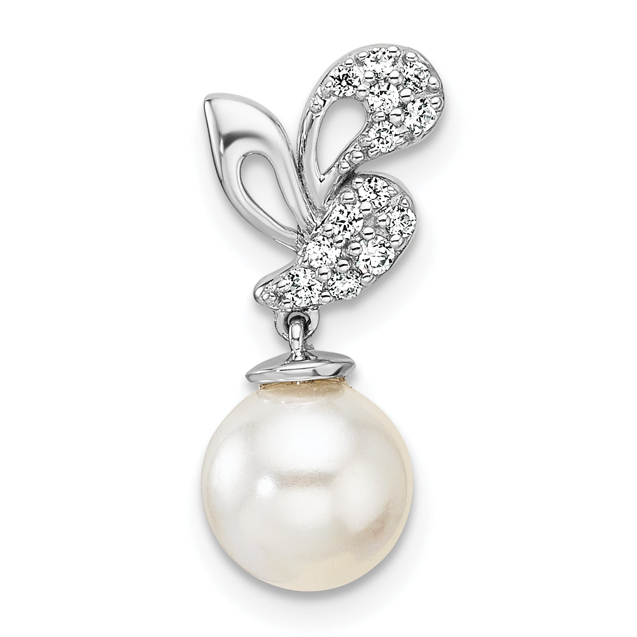 14K White Gold Polished 1/10 carat Diamond and White Freshwater Cultured Pearl Chain Slide