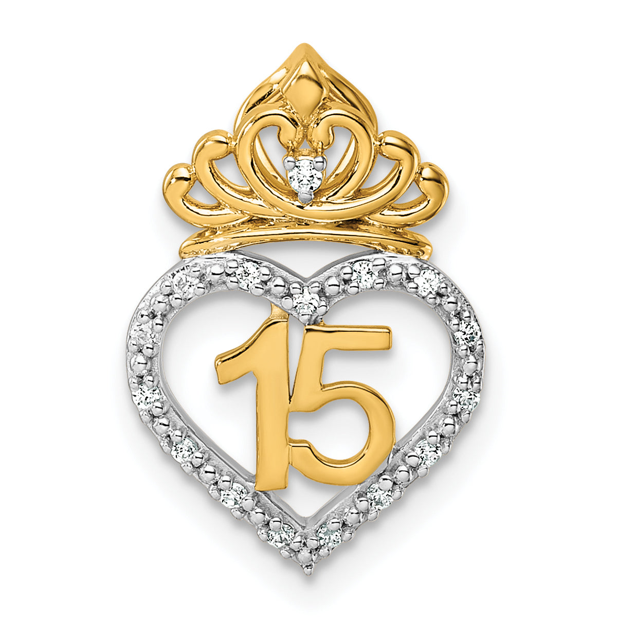 14K Two-tone Polished Diamond Quinceanera Heart/Crown Chain Slide