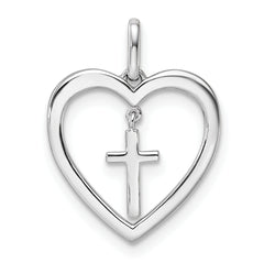 14K White Gold Polished Diamond Heart Dangle Cross Pendant