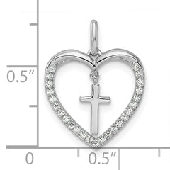 14K White Gold Polished Diamond Heart Dangle Cross Pendant