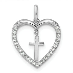 14K White Gold Polished Diamond Heart Dangle Cross Pendant