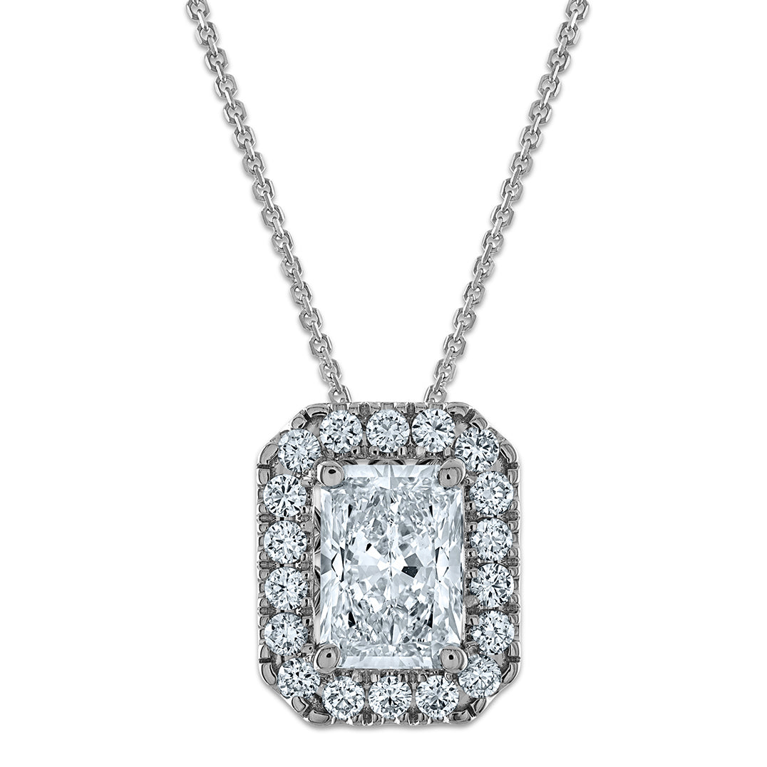 14k White Gold 2 1/2 carat Certified Lab Grown Diamond VS/SI+ G+ Complete 18 inch Radiant Halo Pendant Necklace