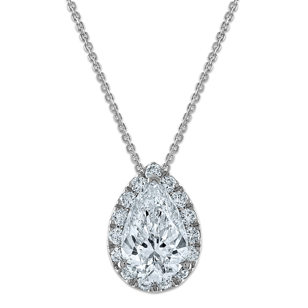 14k White Gold 2 3/8 carat Certified Lab Grown Diamond VS/SI+ G+ Complete 18 inch Pear Halo Pendant Necklace