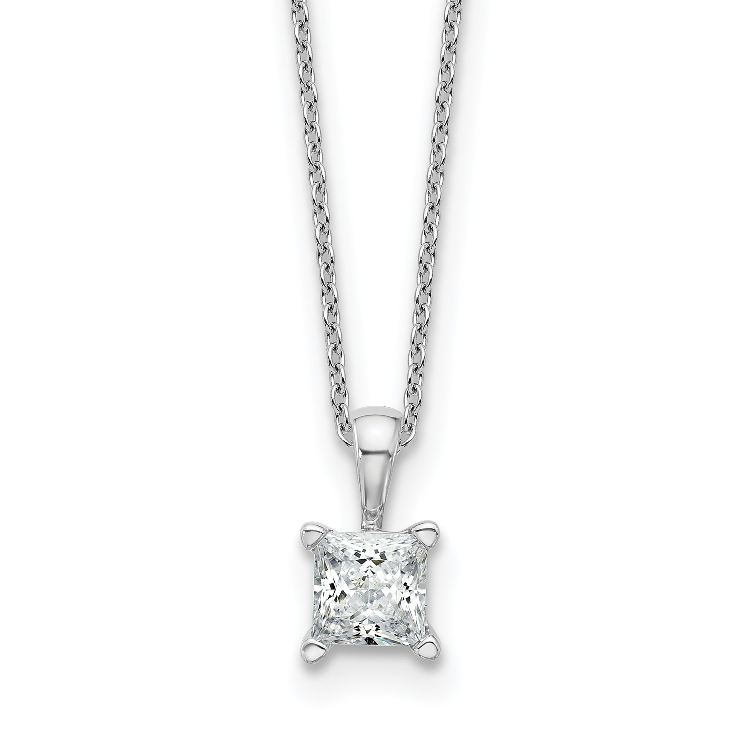 14k White Gold 3/4 carat Lab Grown Diamond VS/SI+ G+ Princess Complete 18 inch Four Prong Pendant Necklace