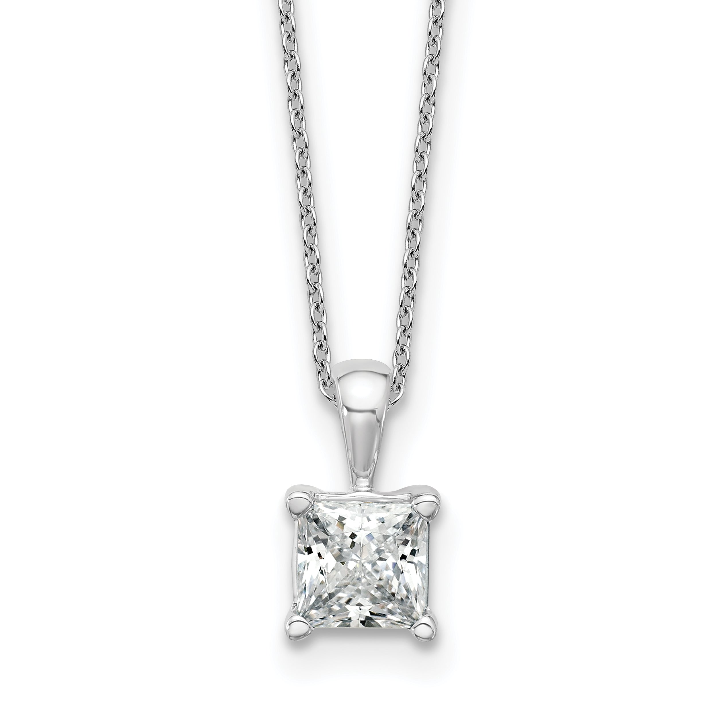 14k White Gold 1 1/2 carat Certified Lab Grown Diamond VS+ F+ Princess Complete 18 inch Four Prong Pendant Necklace