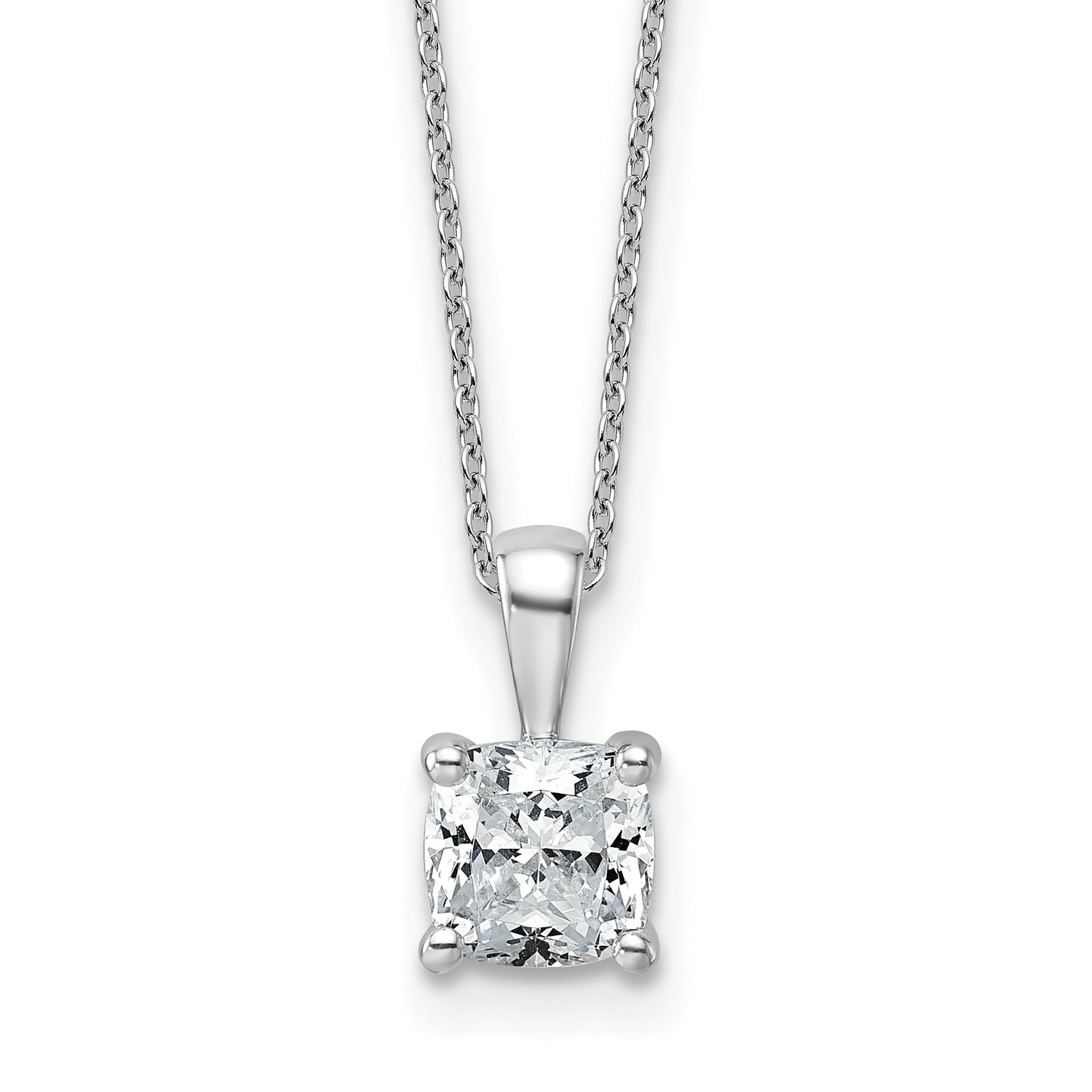 14k White Gold 1 1/2 carat Certified Lab Grown Diamond VS/SI+ G+ Cushion Complete 18 inch Four Prong Pendant Necklace