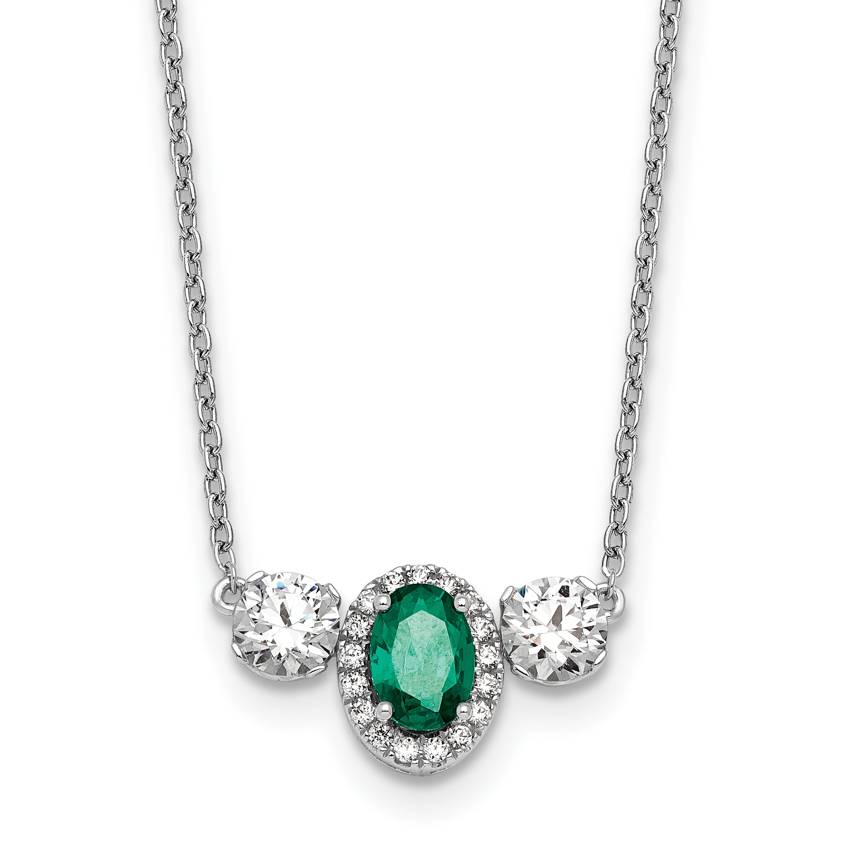 14k White Gold 1 1/8 carat Lab Grown Diamond VS/SI+ G+ and Created Emerald Complete Three Stone 16 inch Necklace