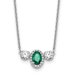 14k White Gold 1 1/8 carat Lab Grown Diamond VS/SI+ G+ and Created Emerald Complete Three Stone 16 inch Necklace