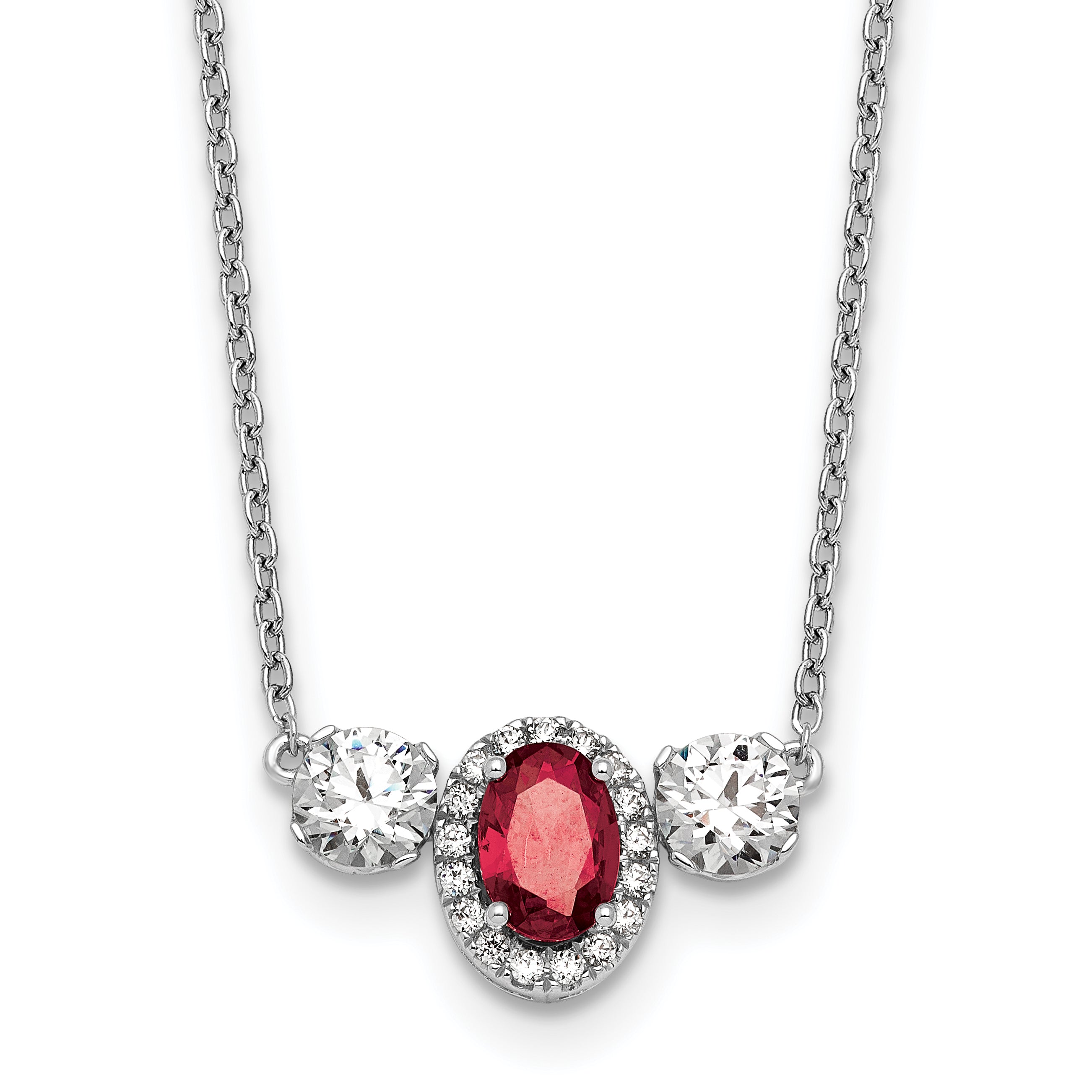 14k White Gold 1 1/8 carat Lab Grown Diamond VS/SI+ G+ and Created Ruby Complete Three Stone 16 inch Necklace