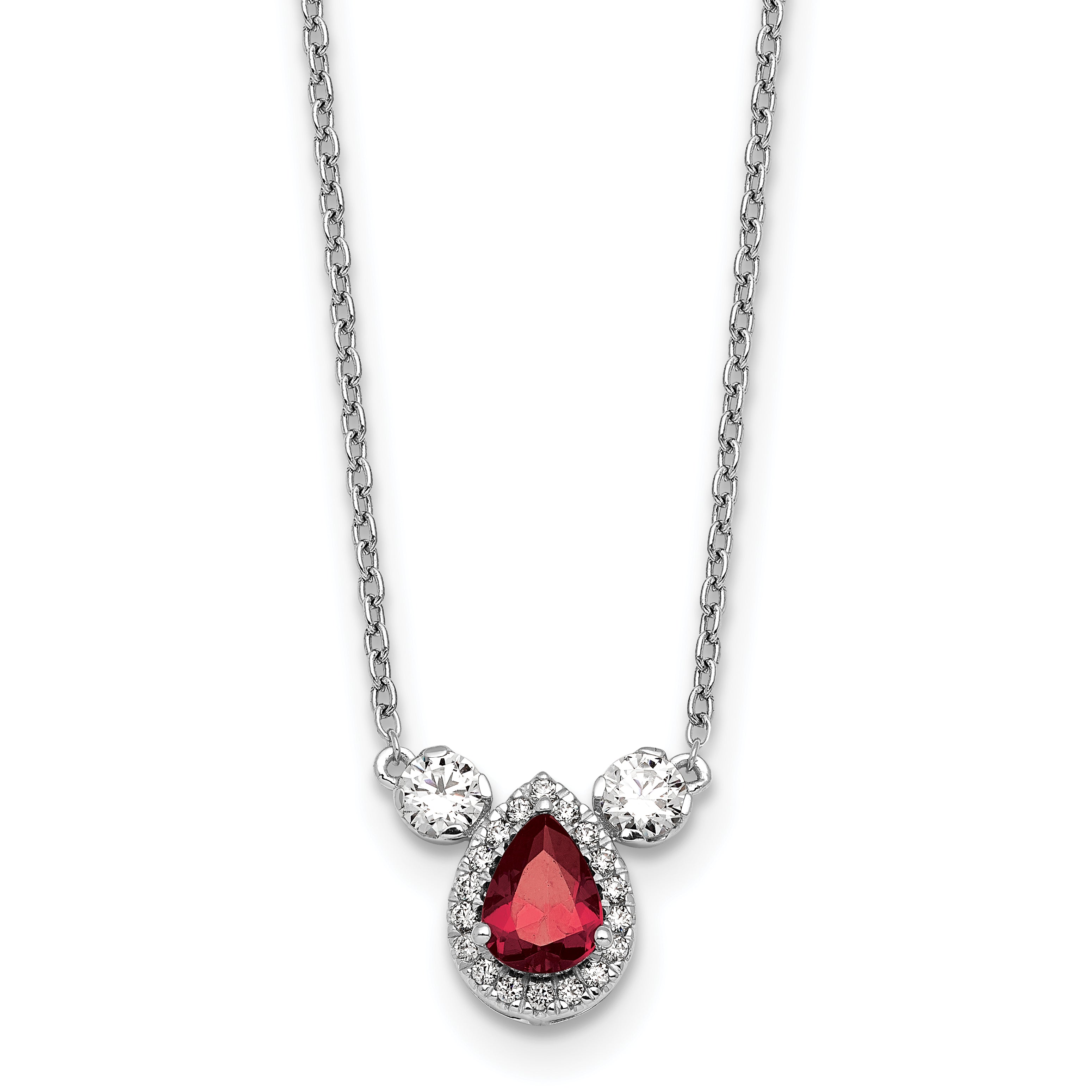 14k White Gold 1/2 carat Lab Grown Diamond VS/SI+ G+ and Created Ruby Complete Three Stone 16 inch Necklace