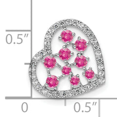 14K White Gold Polished Diamond and Pink Tourmaline Heart Chain Slide
