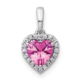 14k White Gold 1/10 carat Lab Grown Diamond VS+ F+ and Genuine Pink Sapphire Complete Halo Heart Pendant