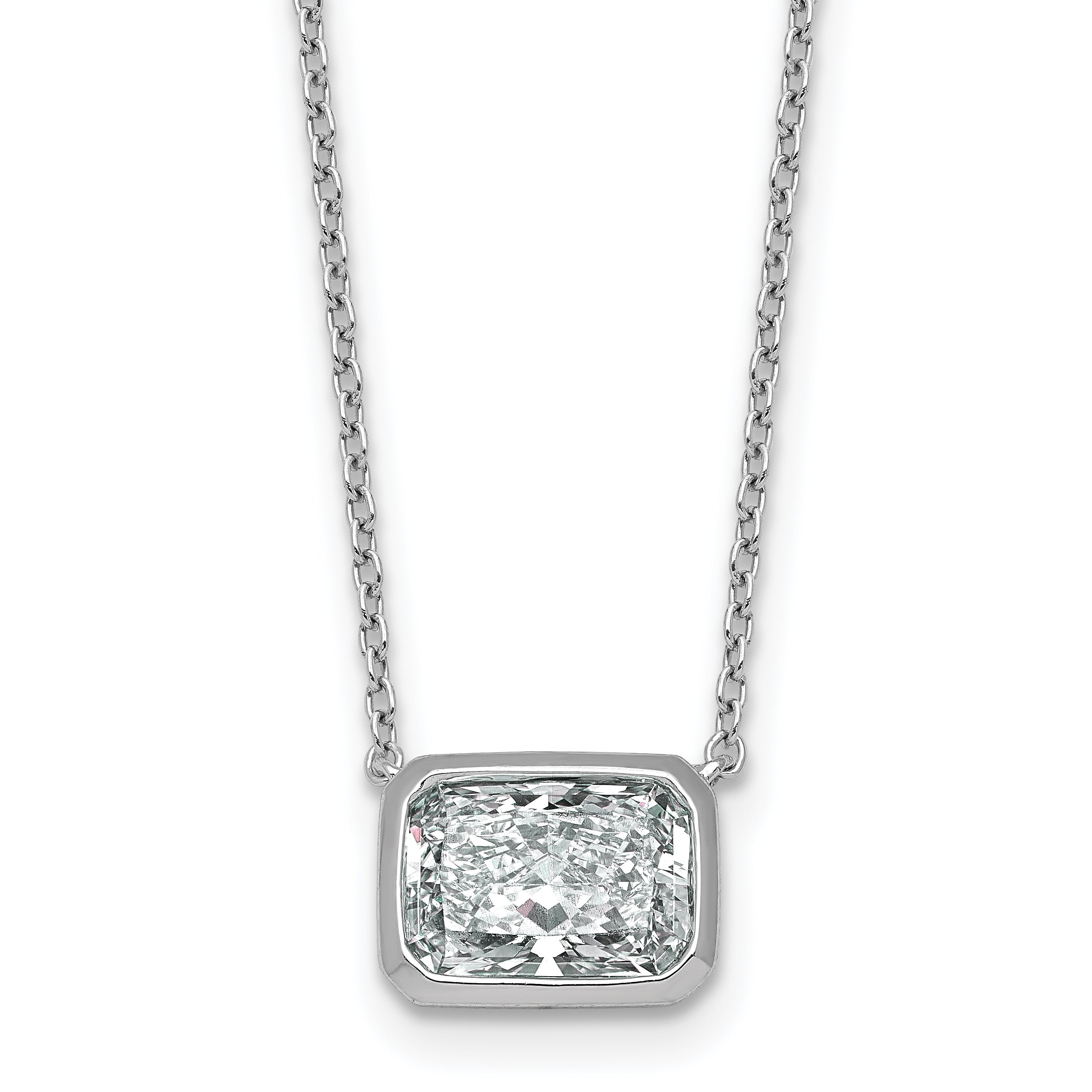 14k White Gold 2 carat Certified Lab Grown Diamond VS+ F+ Radiant Complete 18 inch Bezel Set Solitaire Necklace