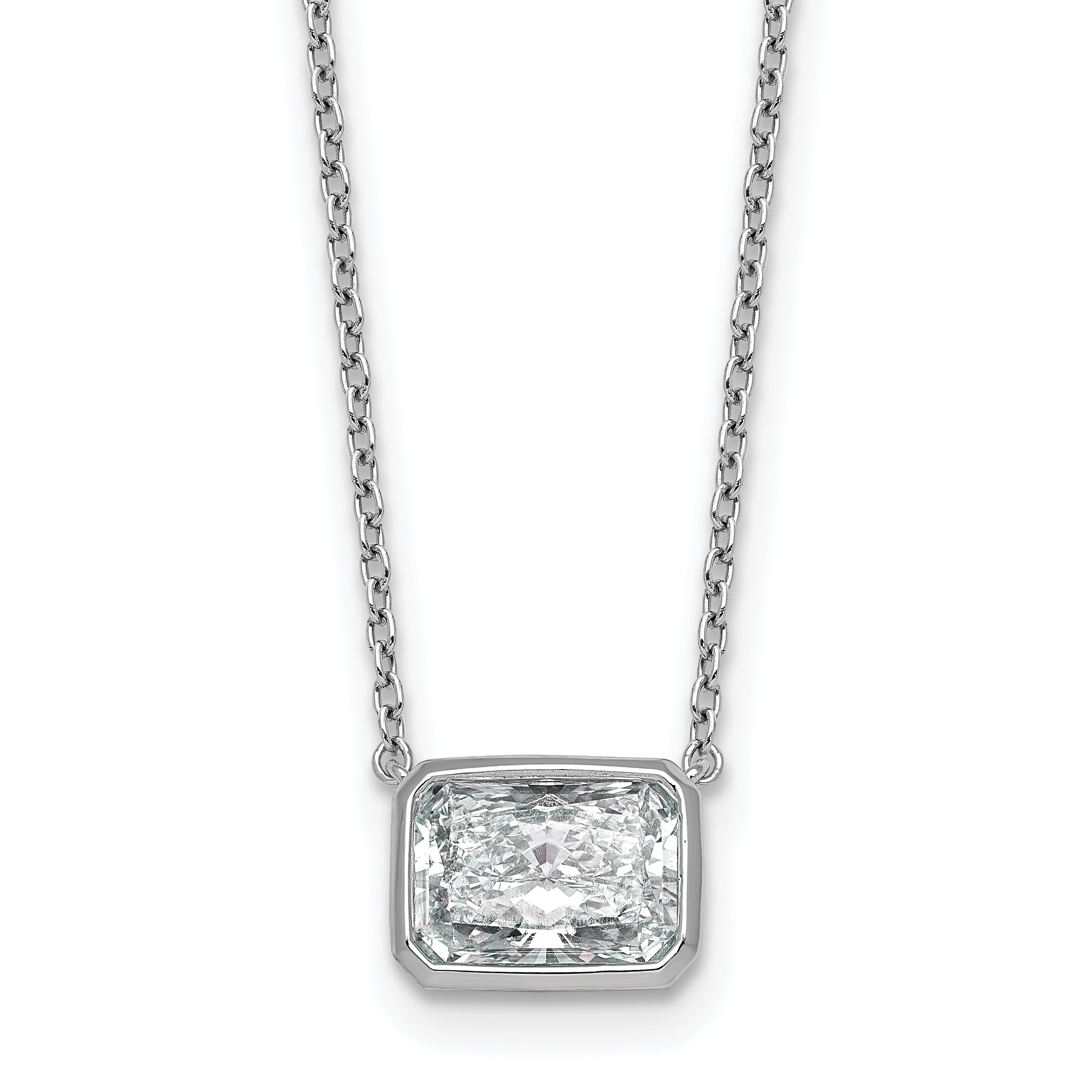 14k White Gold 2 1/2 carat Certified Lab Grown Diamond VS+ F+ Radiant Complete 18 inch Bezel Set Solitaire Necklace