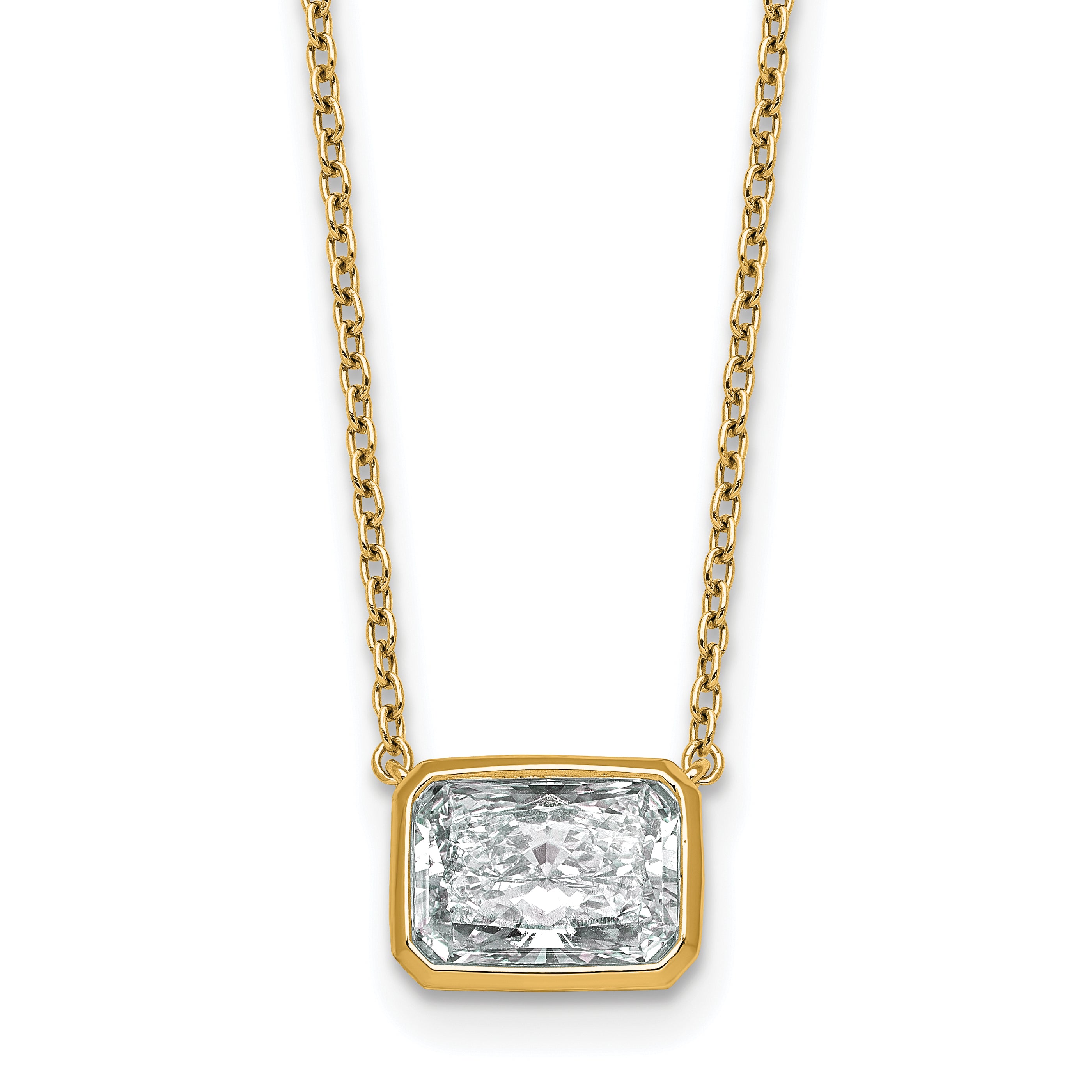 14k 2 1/2 carat Certified Lab Grown Diamond VS+ F+ Radiant Complete 18 inch Bezel Set Solitaire Necklace