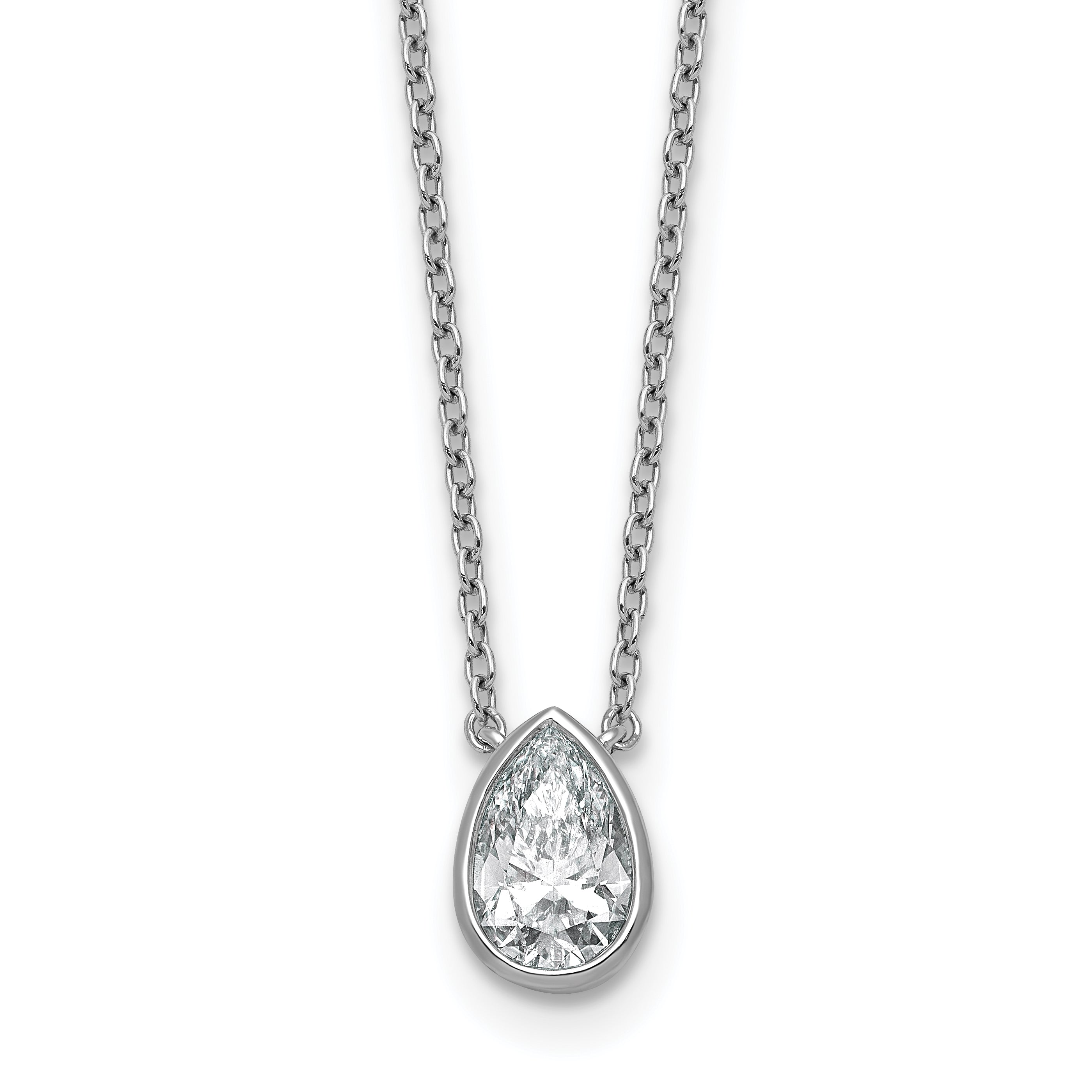 14k White Gold 1 carat Certified Lab Grown Diamond VS+ F+ Pear Complete 18 inch Bezel Set Solitaire Necklace