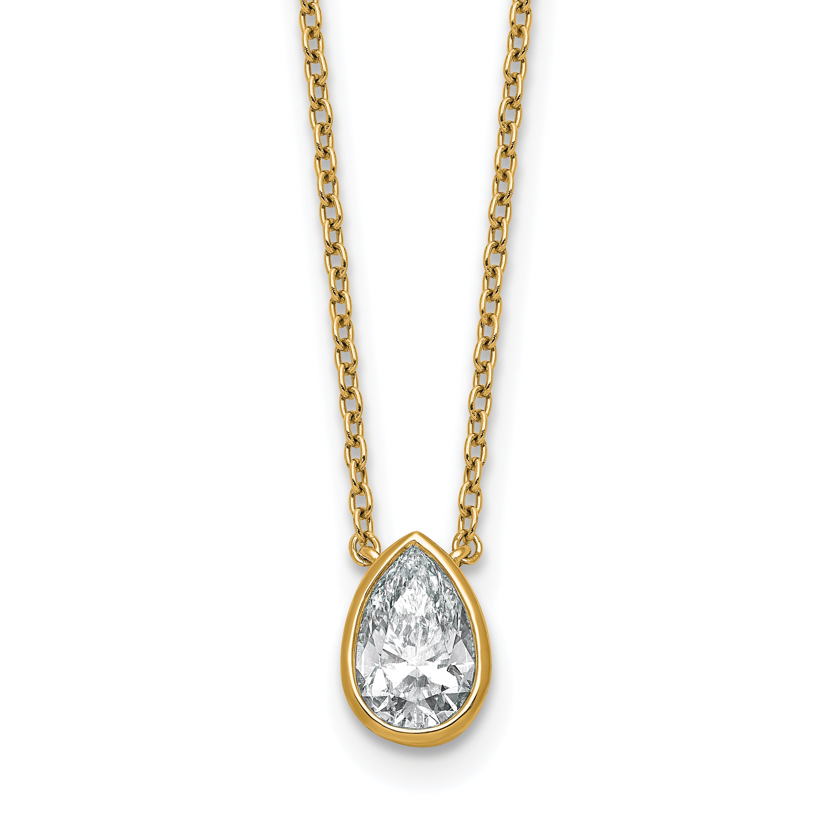 14k 1 carat Certified Lab Grown Diamond VS+ F+ Pear Complete 18 inch Bezel Set Solitaire Necklace