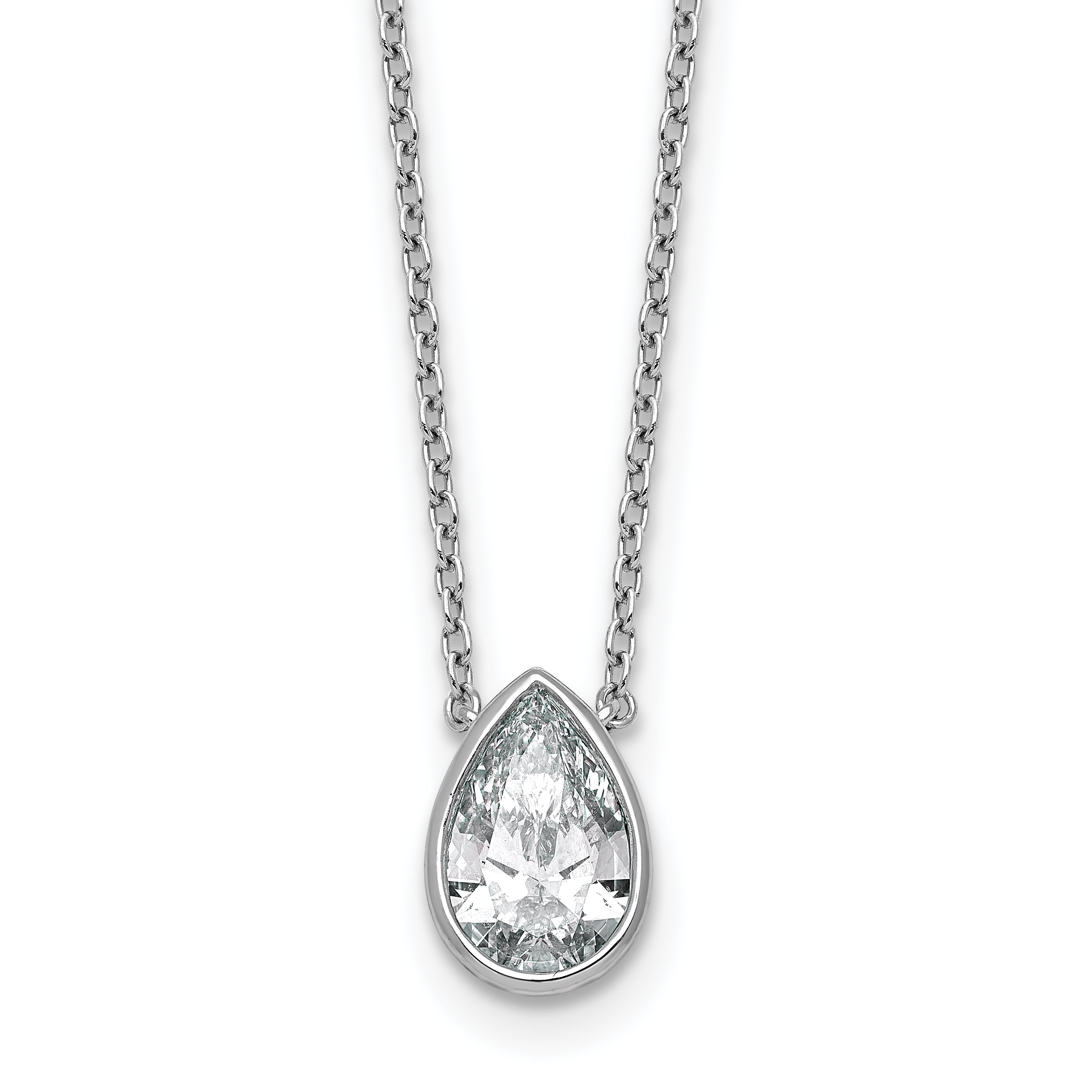 14k White Gold 1 1/2 carat Certified Lab Grown Diamond VS+ F+ Pear Complete 18 inch Bezel Set Solitaire Necklace