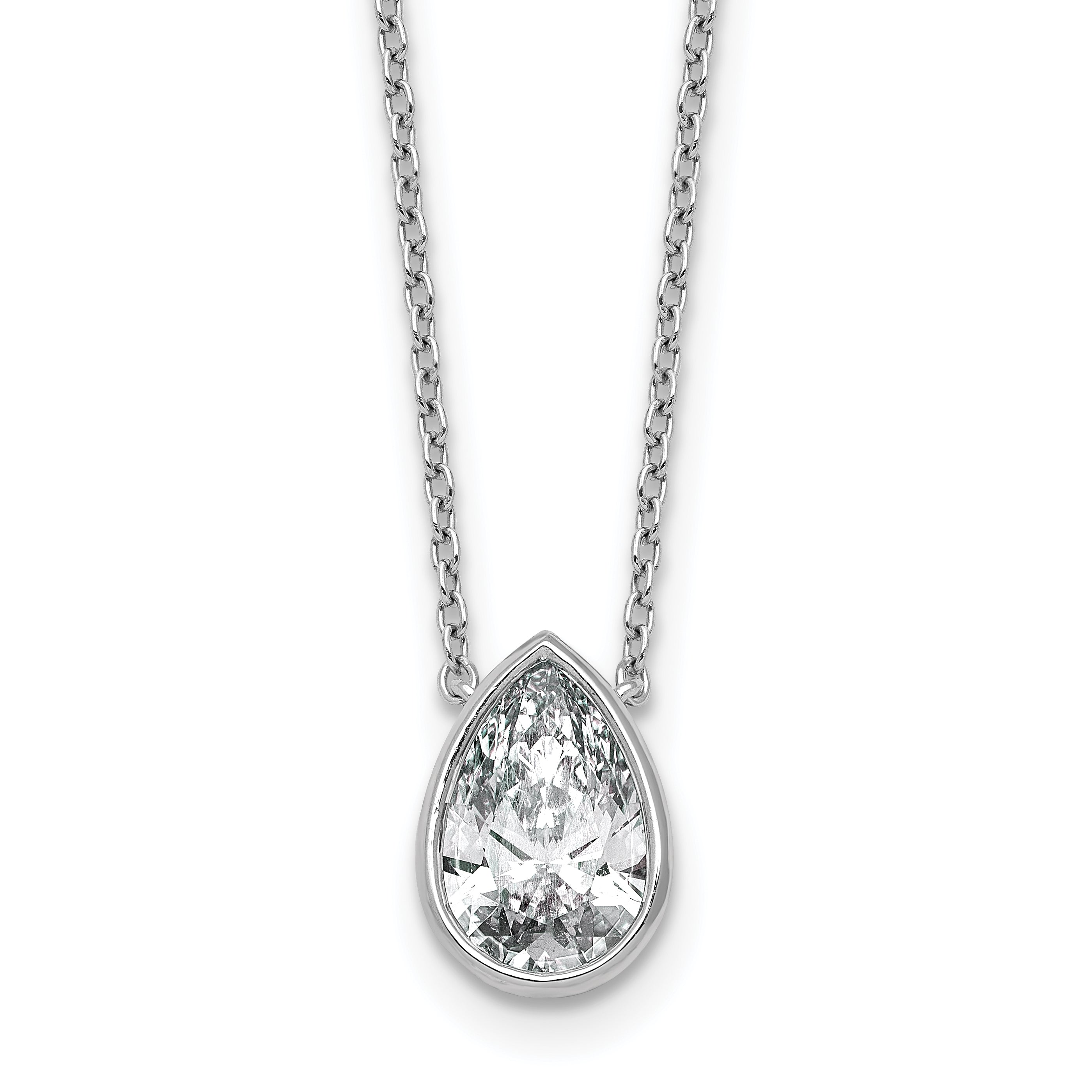 14k White Gold 2 carat Certified Lab Grown Diamond VS+ F+ Pear Complete 18 inch Bezel Set Solitaire Necklace