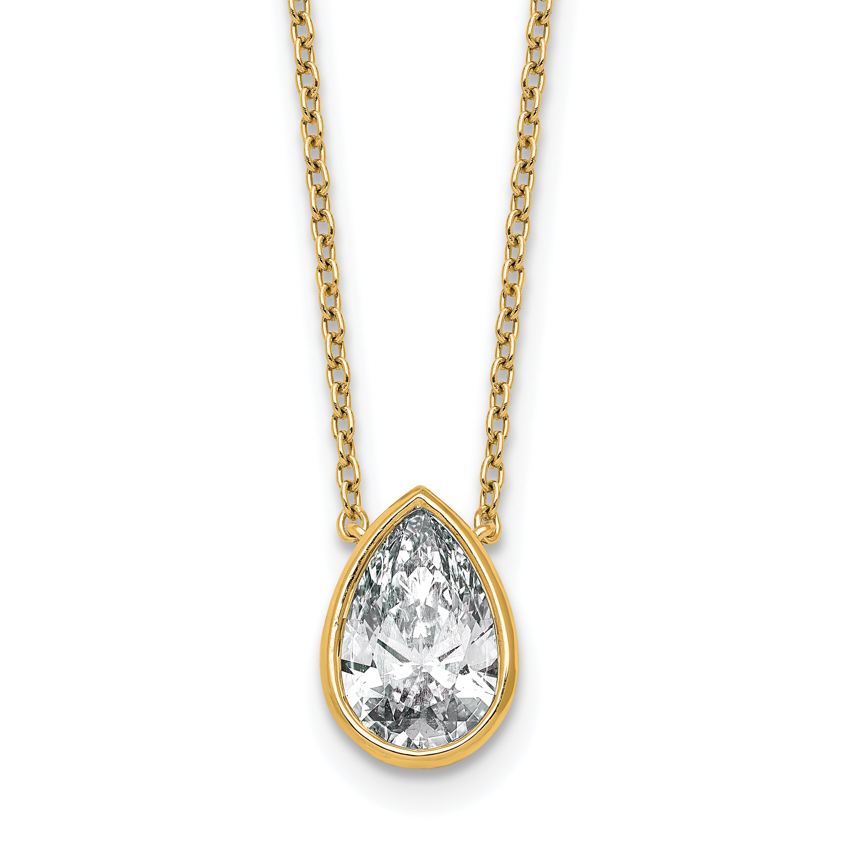 14k 2 carat Certified Lab Grown Diamond VS+ F+ Pear Complete 18 inch Bezel Set Solitaire Necklace