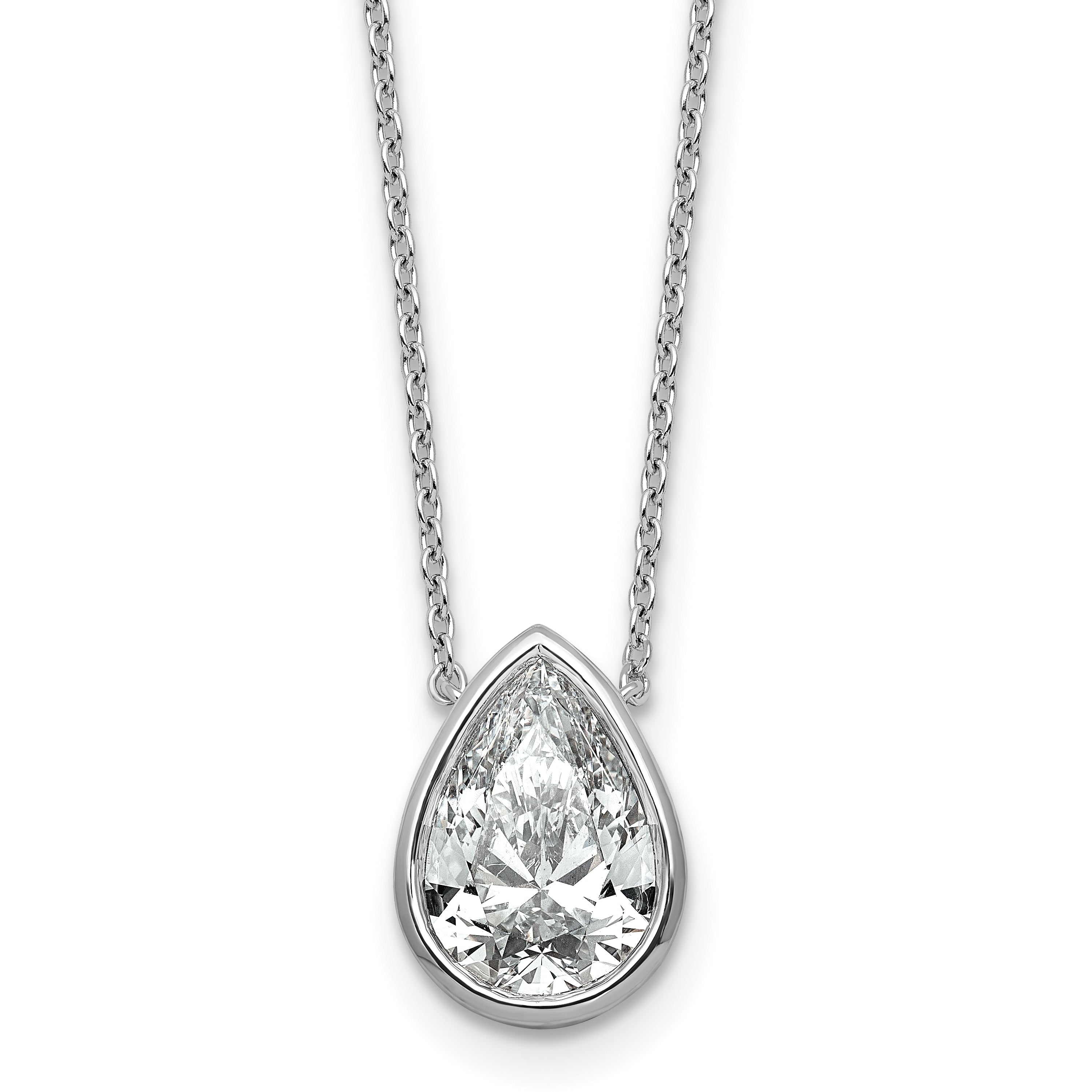 14k White Gold 3 carat Certified Lab Grown Diamond VS+ F+ Pear Complete 18 inch Bezel Set Solitaire Necklace