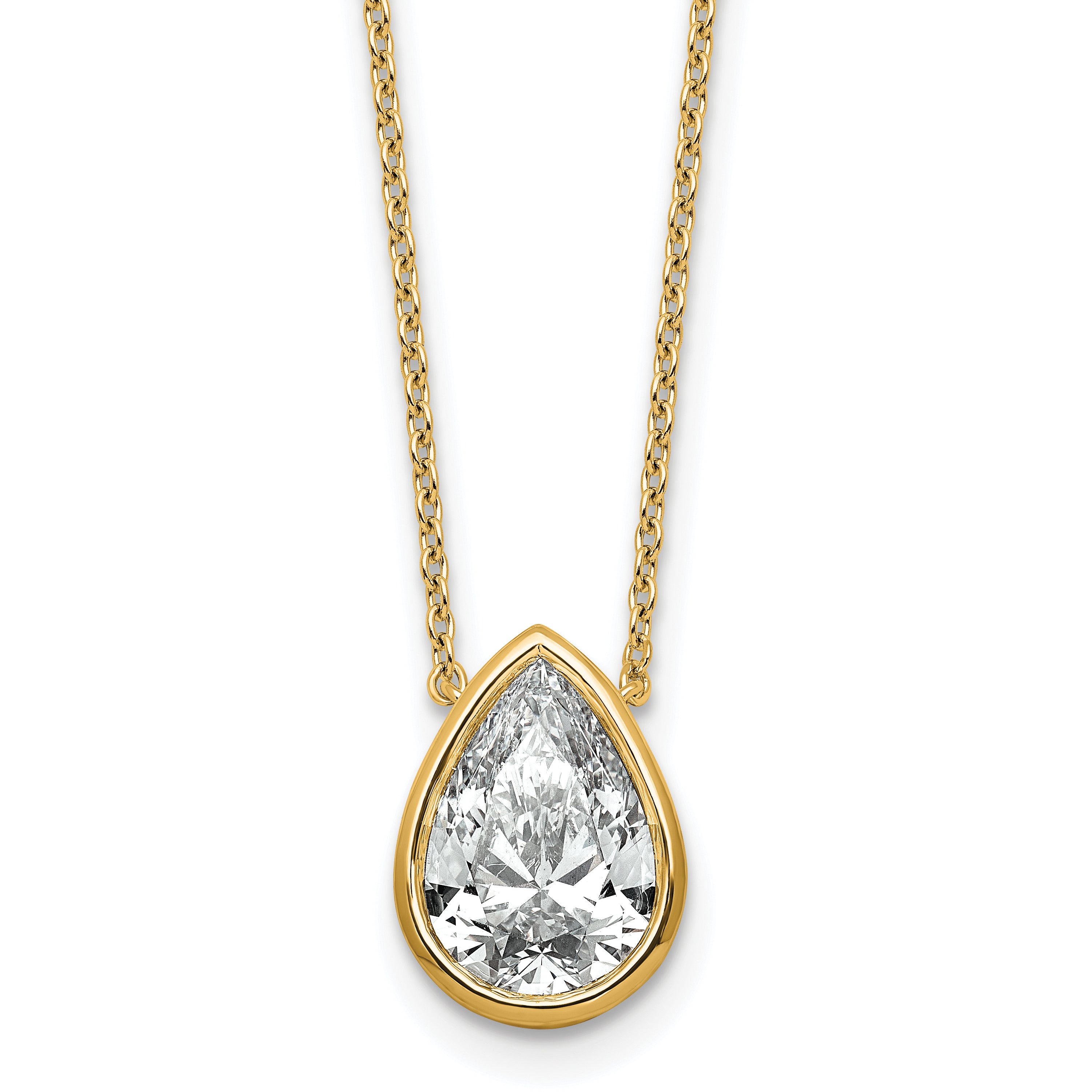 14k 3 carat Certified Lab Grown Diamond VS+ F+ Pear Complete 18 inch Bezel Set Solitaire Necklace