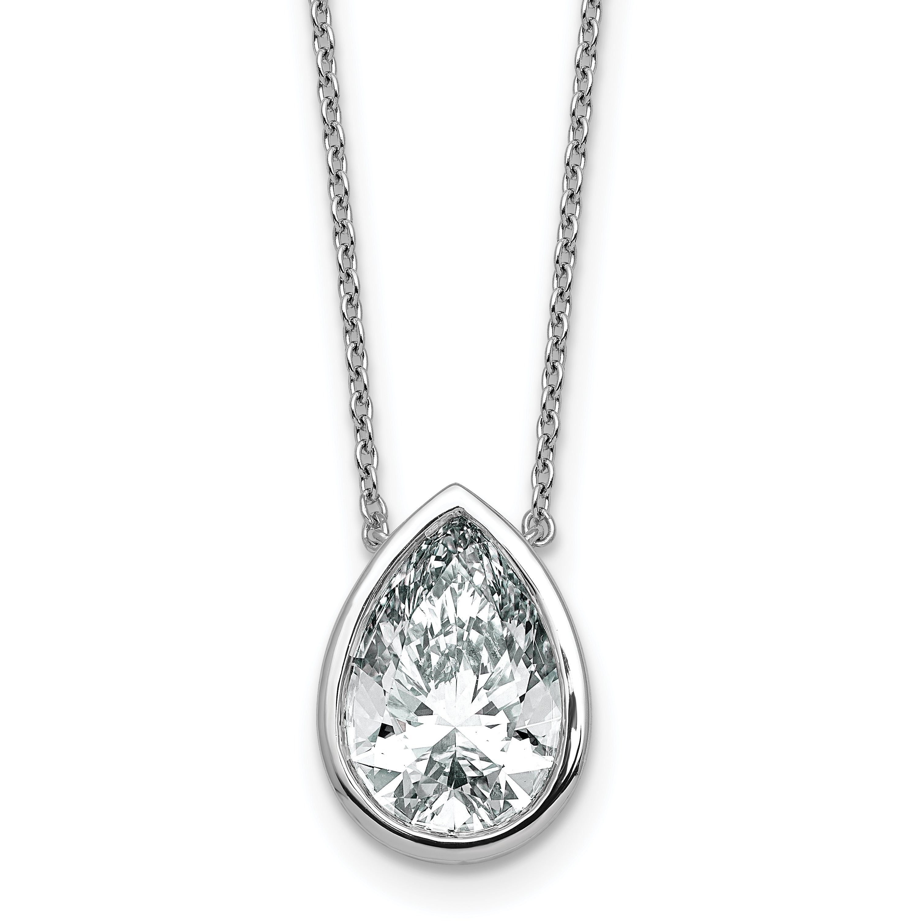 14k White Gold 4 carat Certified Lab Grown Diamond VS+ F+ Pear Complete 18 inch Bezel Set Solitaire Necklace