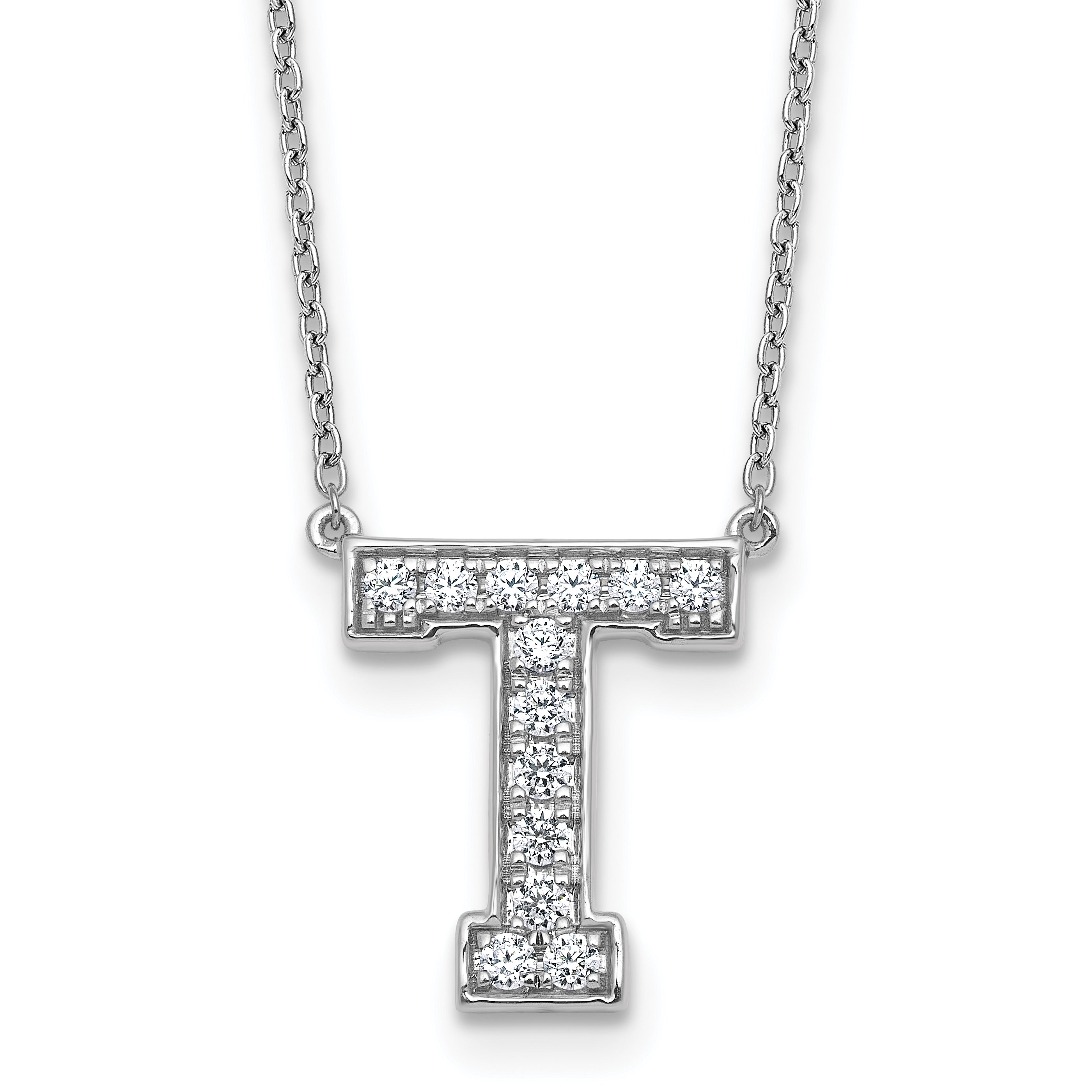 14k White Gold 1/3 carat Lab Grown Diamond VS+ F+ Complete Letter T 18 inch Initial Necklace