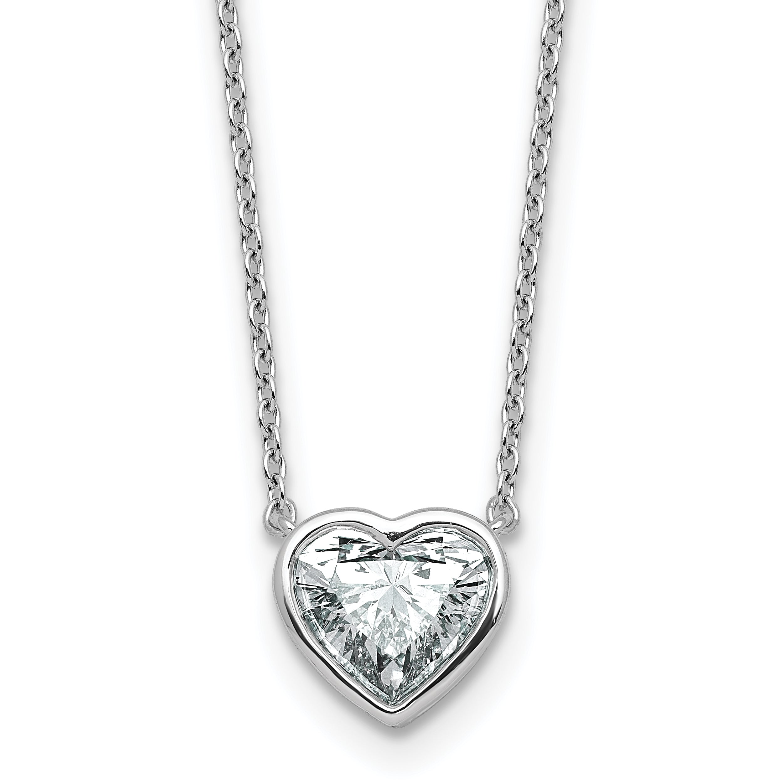 14k White Gold 1 1/2 carat Certified Lab Grown Diamond VS+ F+ Heart Complete 18 inch Bezel Set Solitaire Necklace