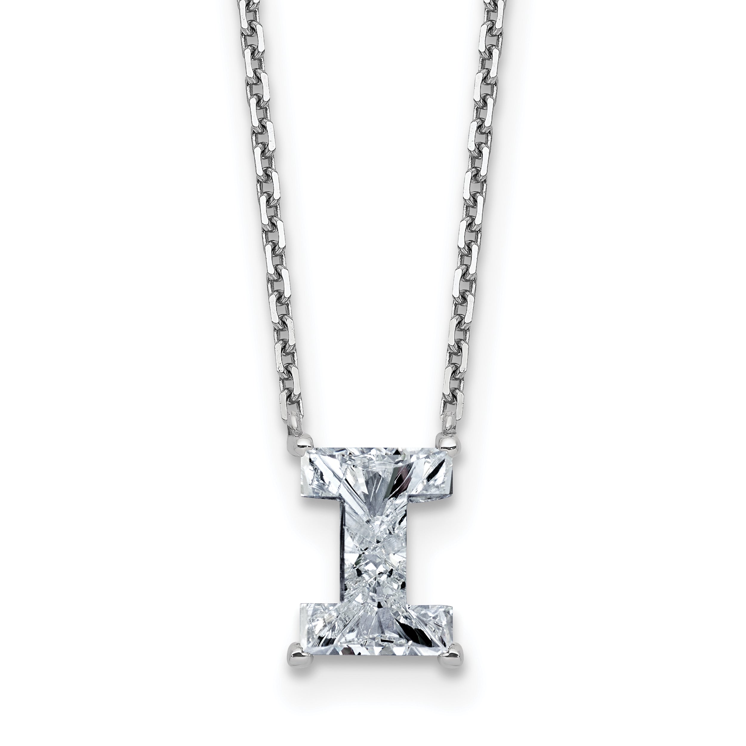 14k White Gold 1 3/4 carat Lab Grown Diamond VS+ F+ Complete Letter I Single Stone 18 inch Initial Necklace