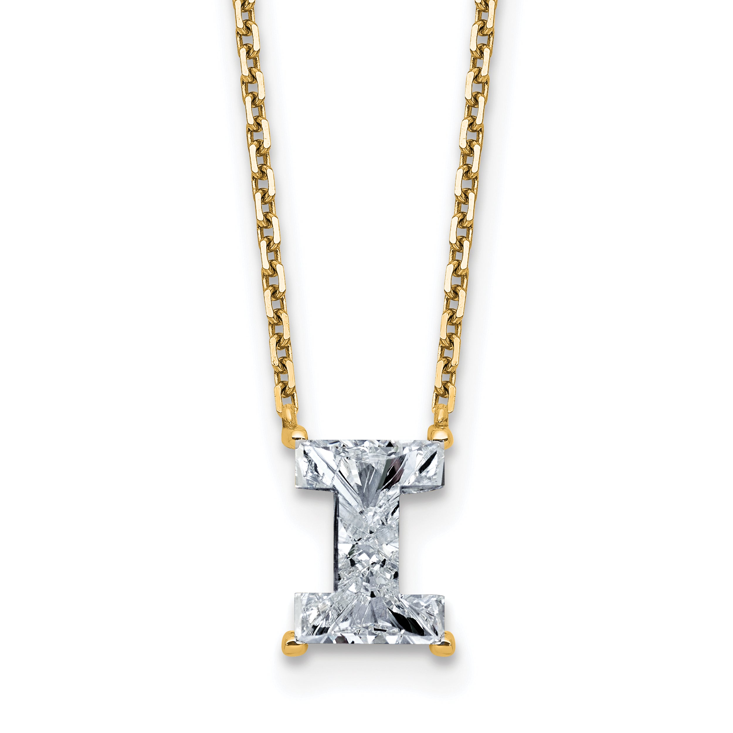 14k 1 3/4 carat Lab Grown Diamond VS+ F+ Complete Letter I Single Stone 18 inch Initial Necklace