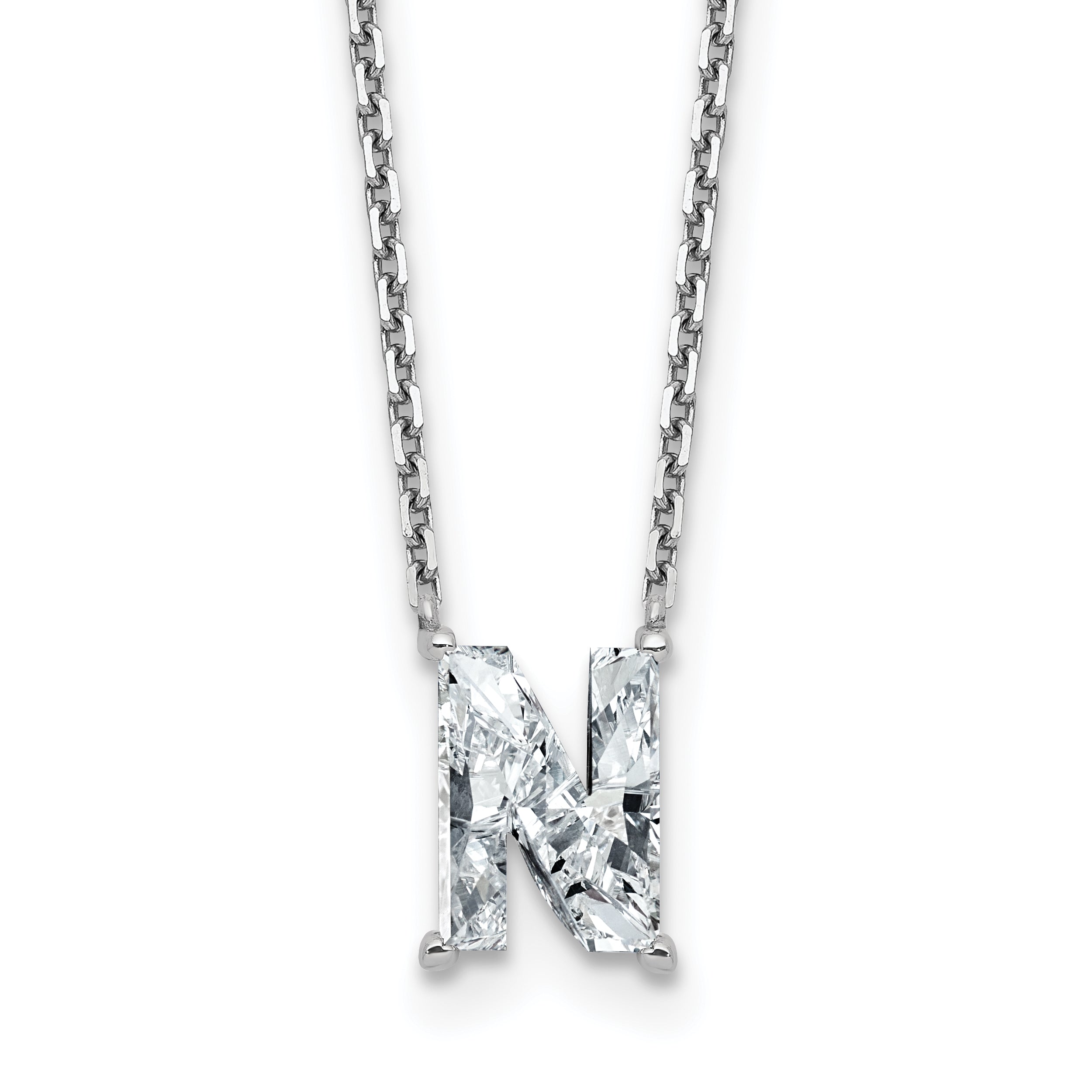 14k White Gold 1 7/8 carat Lab Grown Diamond VS+ F+ Complete Letter N Single Stone 18 inch Initial Necklace
