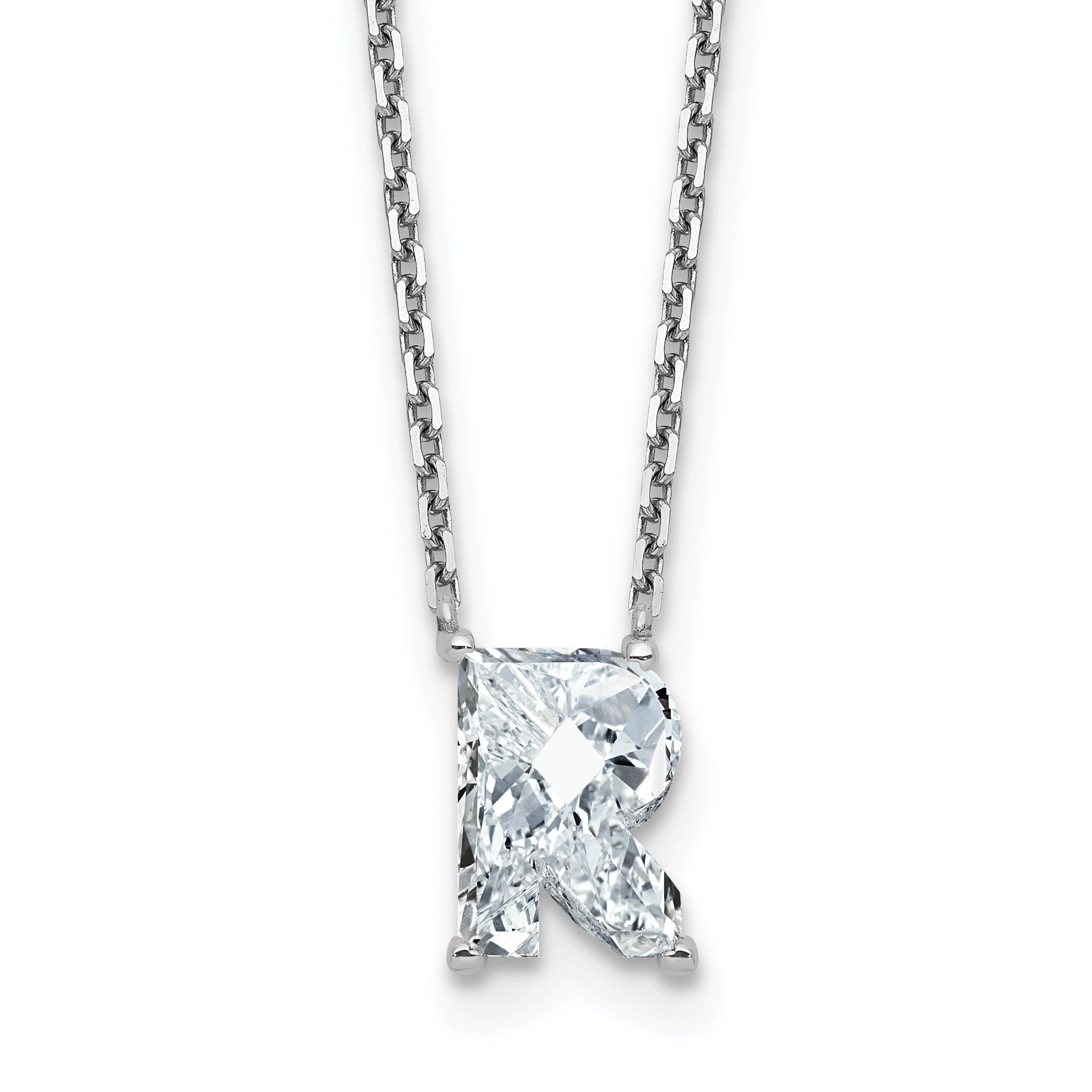 14k White Gold 2 1/3 carat Lab Grown Diamond VS+ F+ Complete Letter R Single Stone 18 inch Initial Necklace